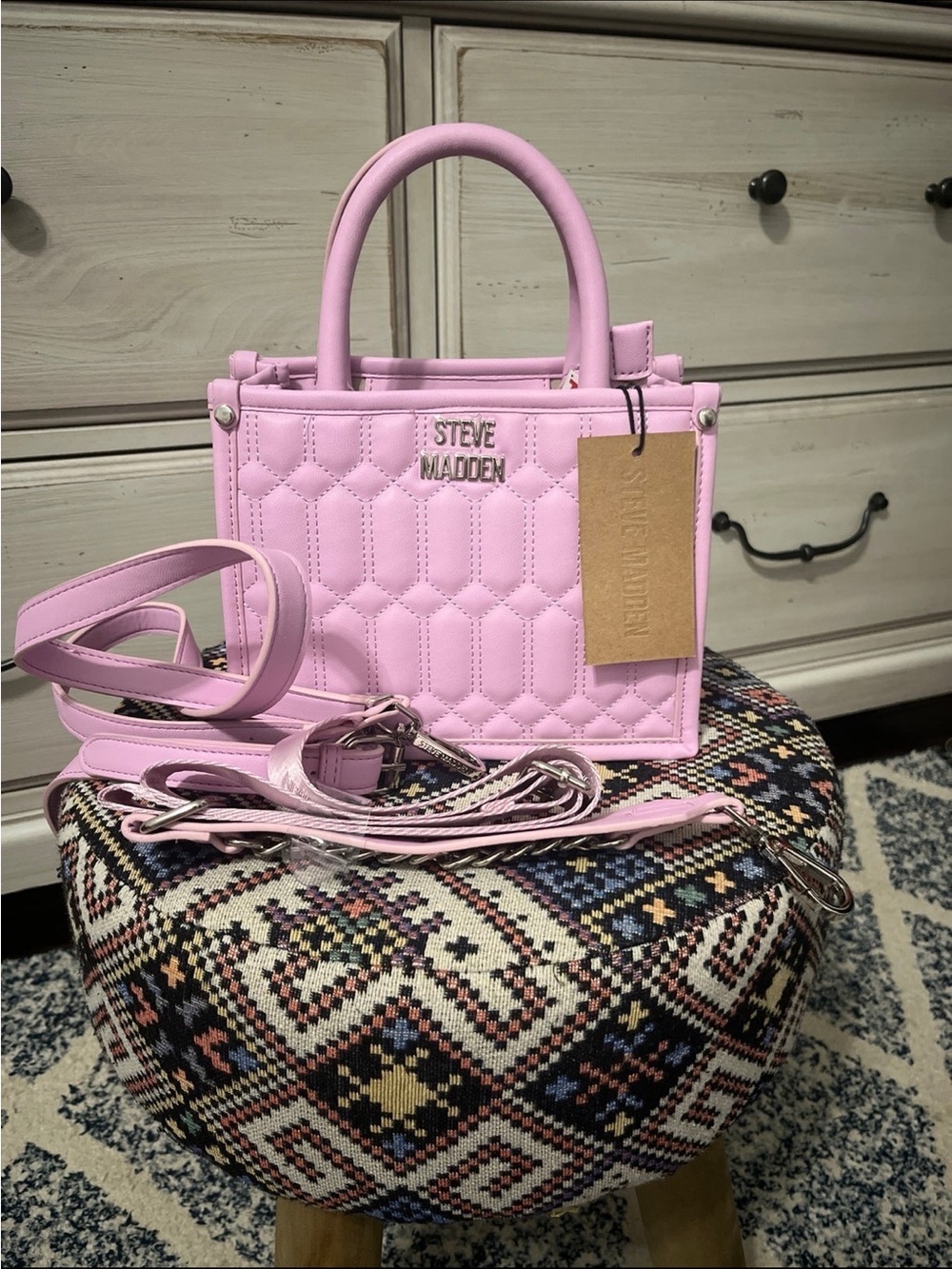Steve Madden Light Pink Quilted Top-Handle Satchel with Strap